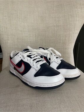 Nike Women’s Dunk Low — White, Navy & Red Trim